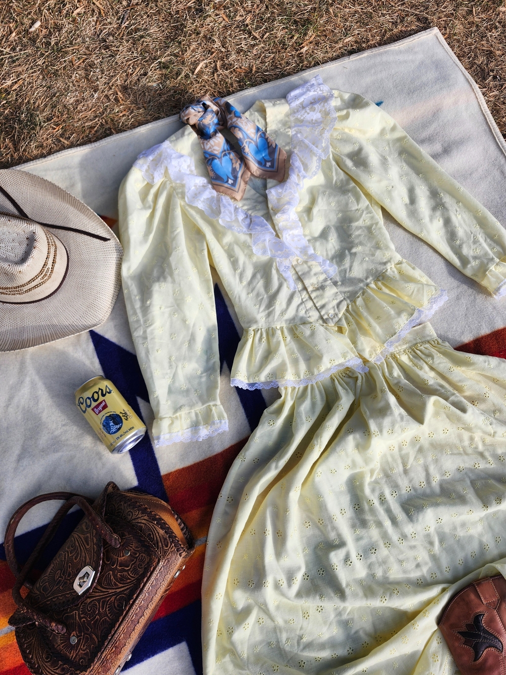 Vintage Pale Yellow Eyelet Long-Sleeve Peplum Dress with White Lace